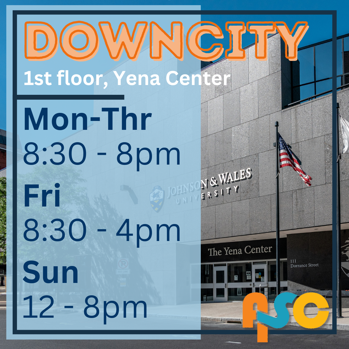 Downcity, 1st floor, Yena Center, Mon-Thr 8:30-8pm, Fri 8:30-4pm, Sun 12-8pm